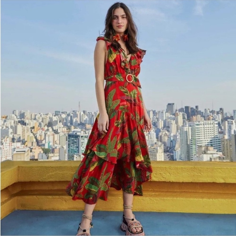 NWT Farm Rio Red Forest Birds Maxi Dress